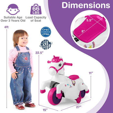 Juguete montable de unicornio de 12 V con ruedas de entrenamiento y modo de paseo a caballo