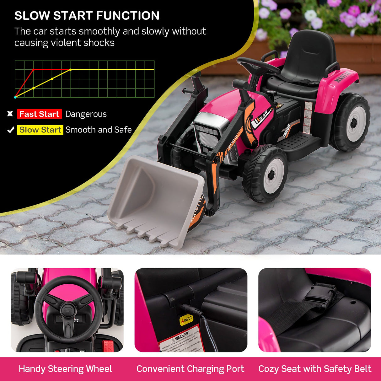 Excavadora montable para niños de 12 V con batería, brazo y pala ajustables