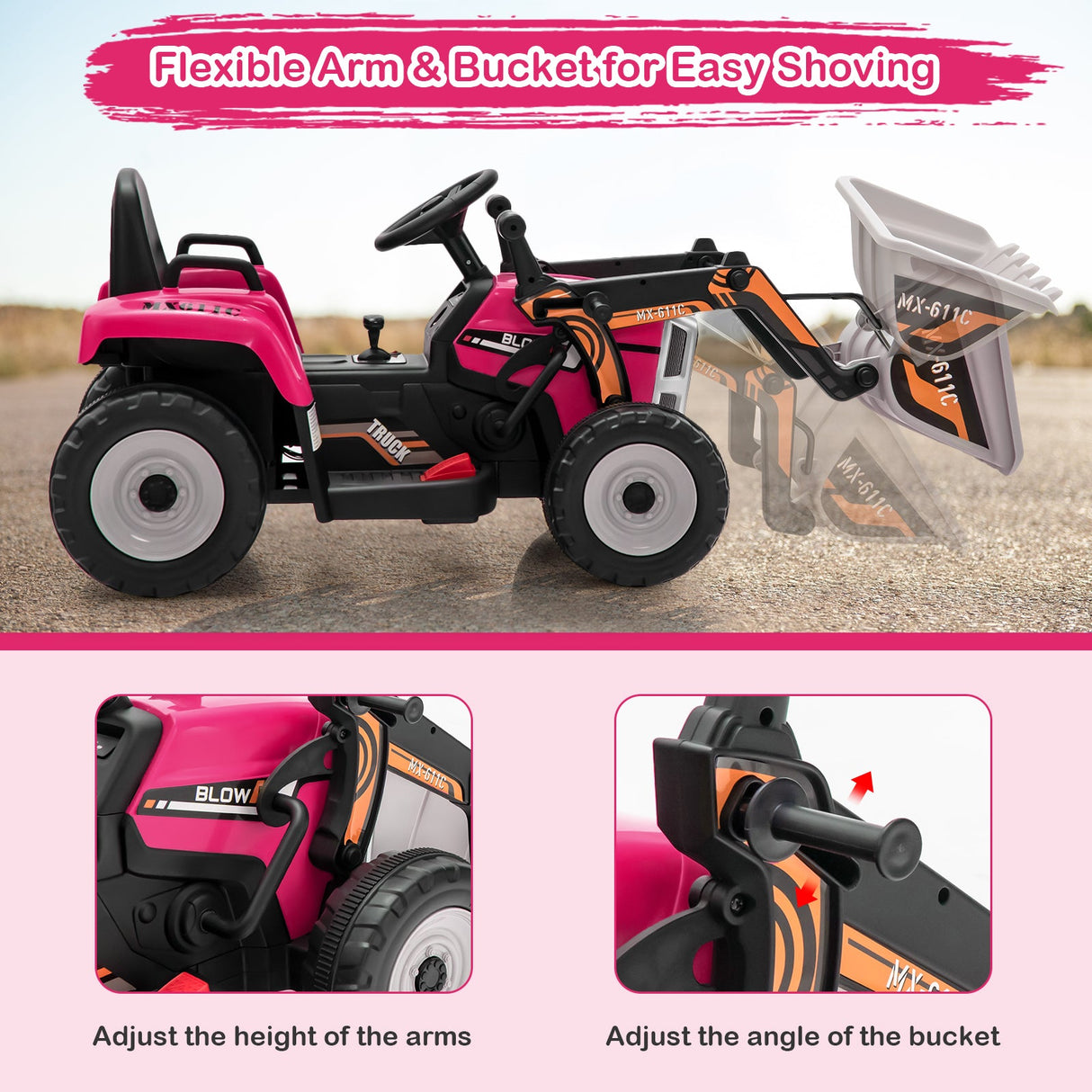 Excavadora montable para niños de 12 V con batería, brazo y pala ajustables
