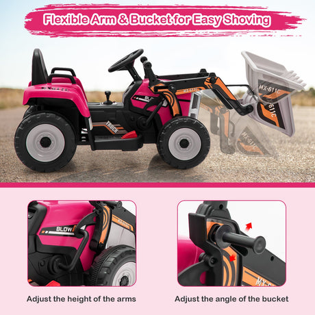 Excavadora montable para niños de 12 V con batería, brazo y pala ajustables