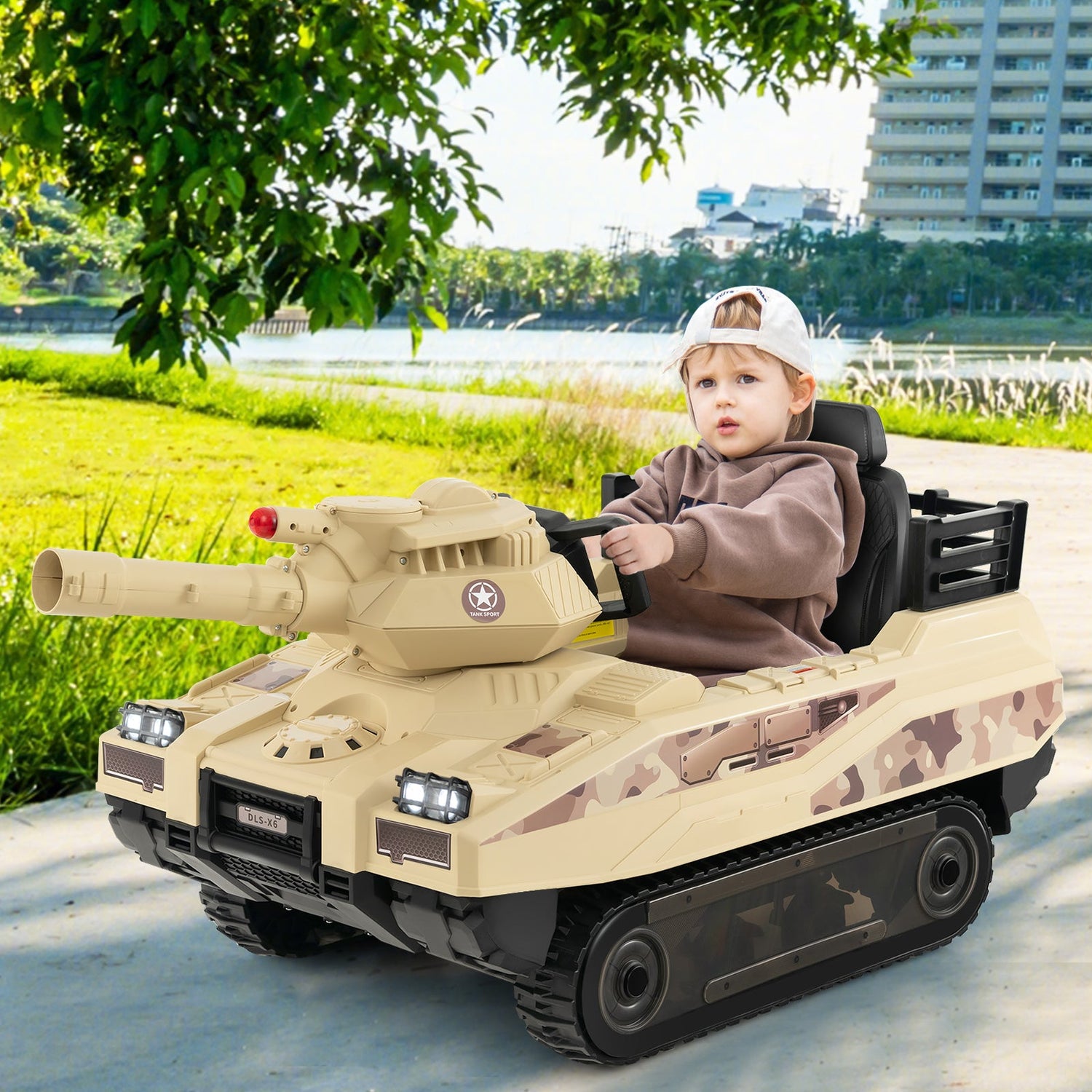 Tanque Eléctrico de 12V para Niños con Torreta Giratoria y 8 Misiles para Niños de 37-95 Meses-Caqui