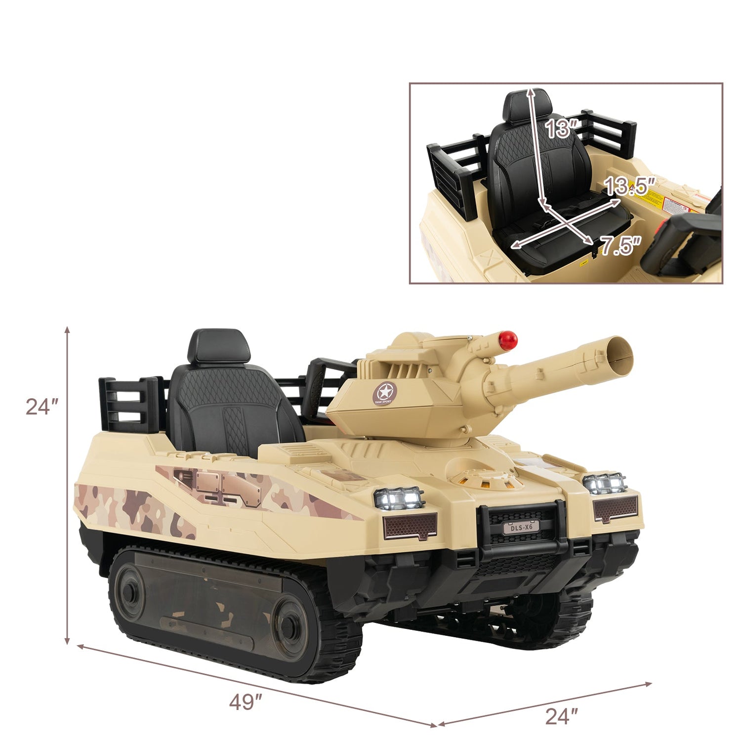 Tanque Eléctrico de 12V para Niños con Torreta Giratoria y 8 Misiles para Niños de 37-95 Meses-Caqui