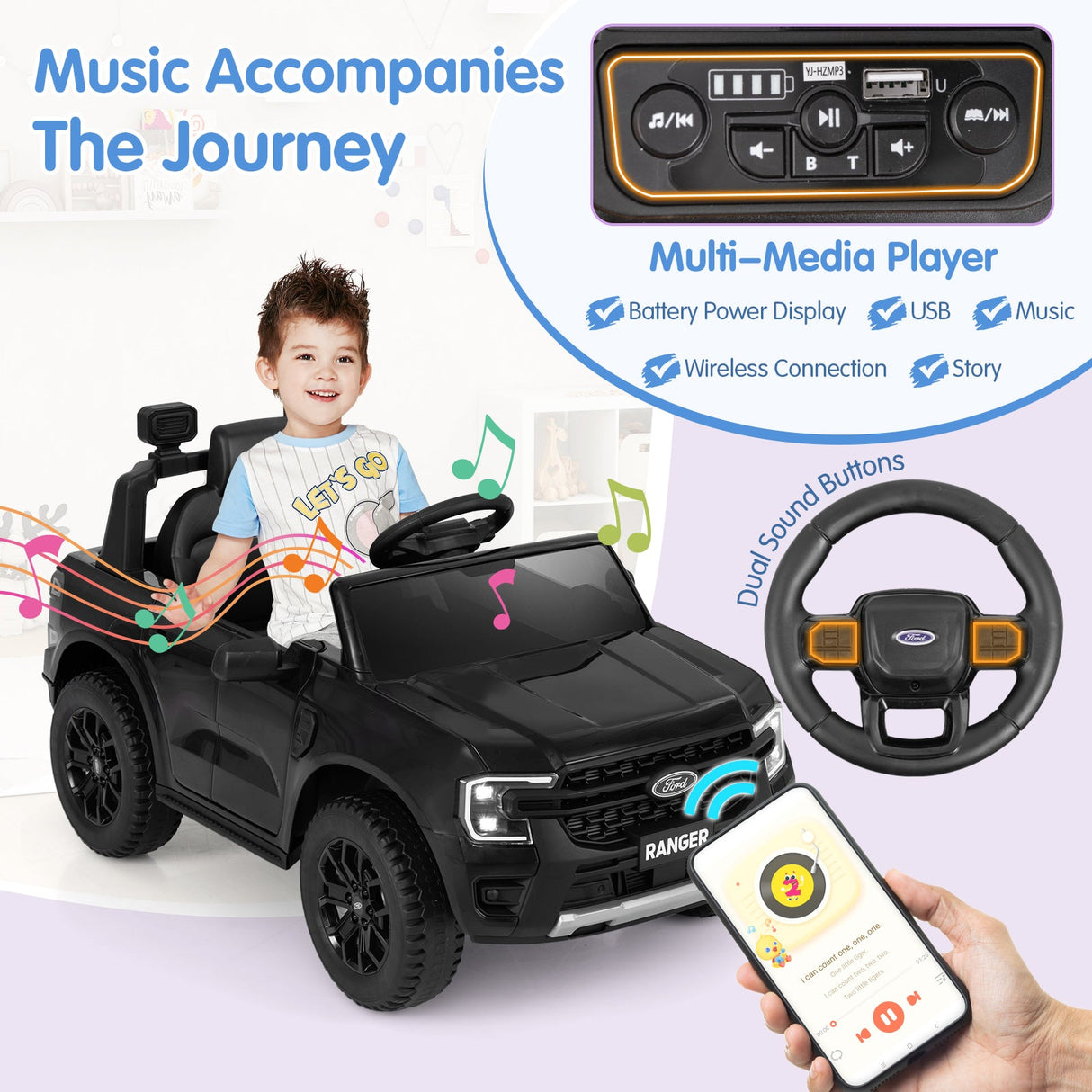 Coche eléctrico de 12V con licencia Ford Ranger para niños, con control remoto y música