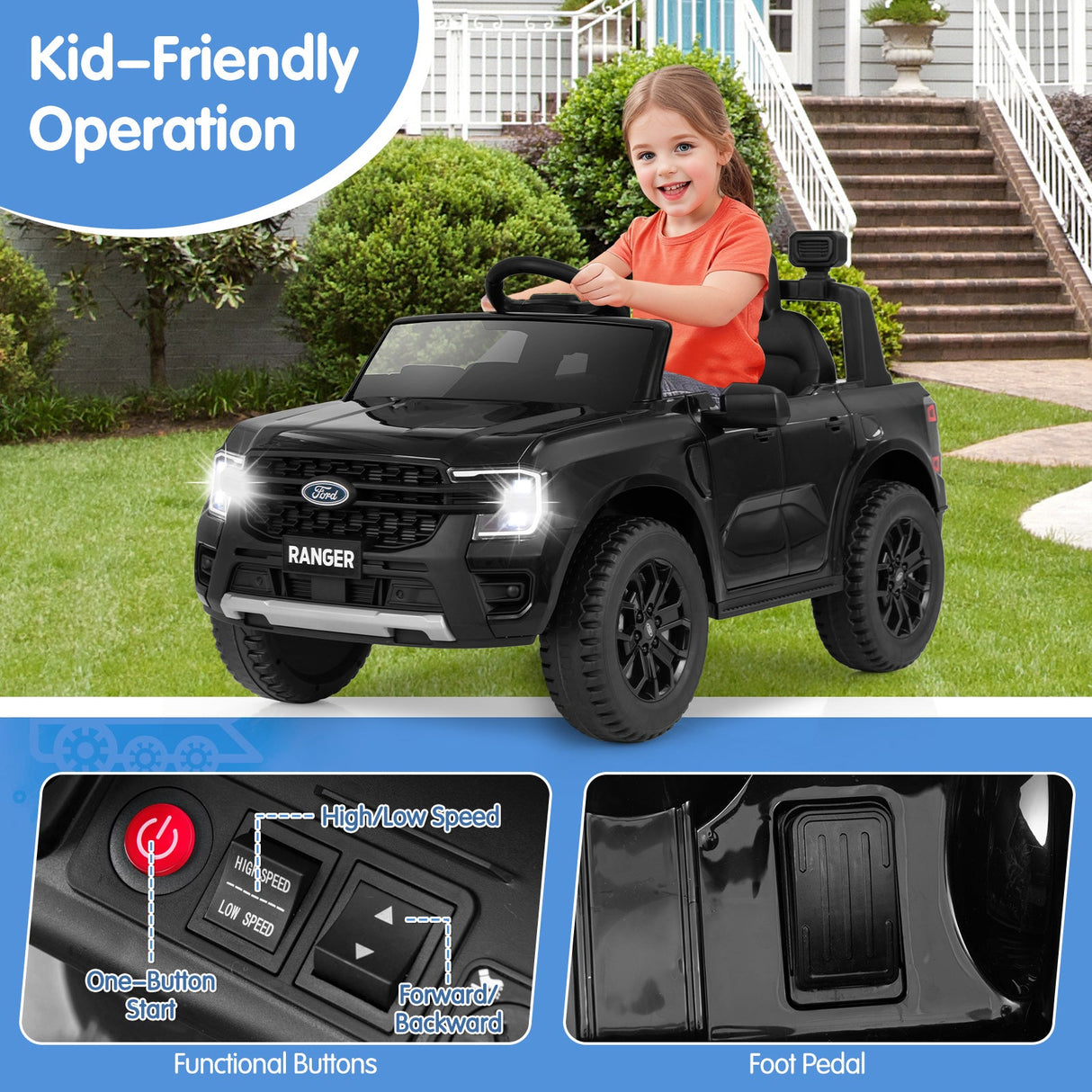 Coche eléctrico de 12V con licencia Ford Ranger para niños, con control remoto y música