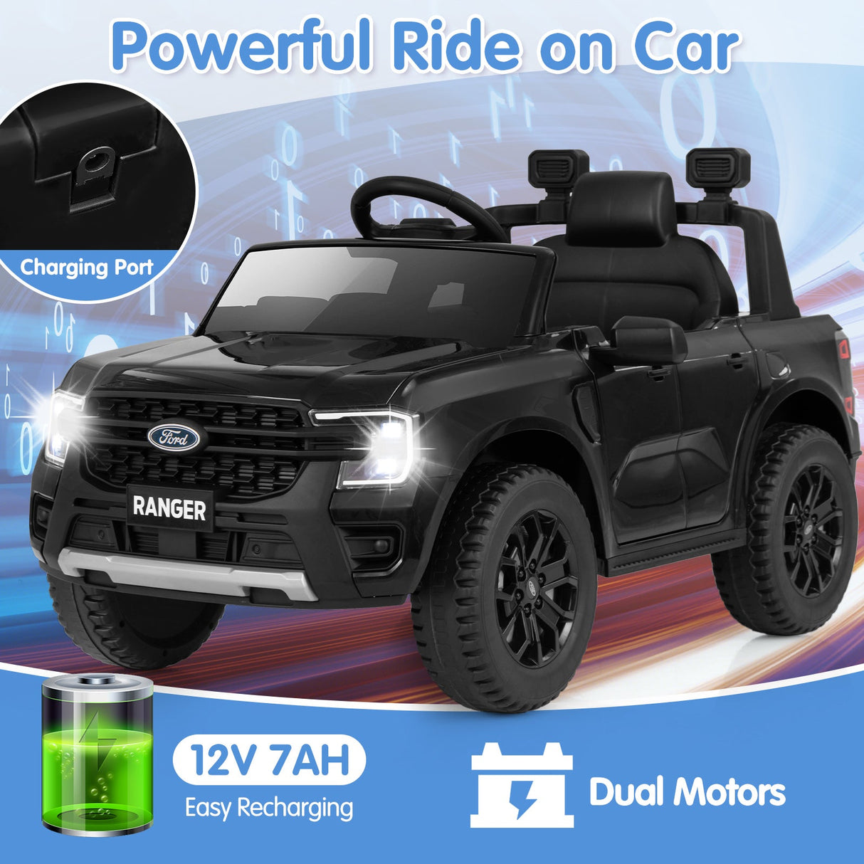 Coche eléctrico de 12V con licencia Ford Ranger para niños, con control remoto y música