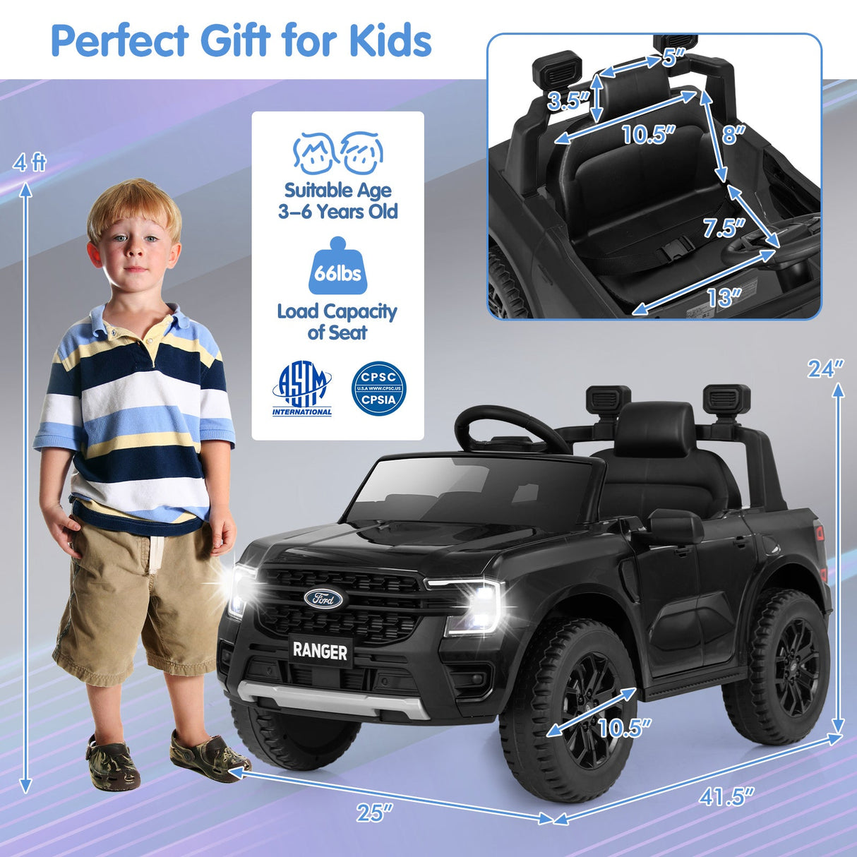 Coche eléctrico de 12V con licencia Ford Ranger para niños, con control remoto y música