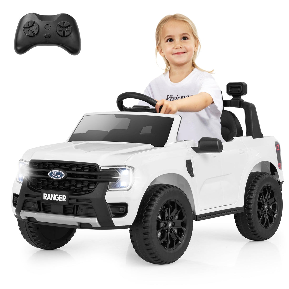 Coche eléctrico de 12V con licencia Ford Ranger para niños, con control remoto y música