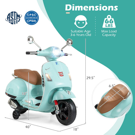 Moto eléctrica de 12 V para niños VESPA con licencia, música y ruedas de entrenamiento