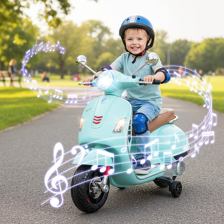Moto eléctrica de 12 V para niños VESPA con licencia, música y ruedas de entrenamiento