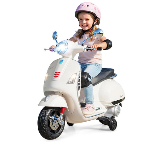 Moto eléctrica de 12 V para niños VESPA con licencia, música y ruedas de entrenamiento
