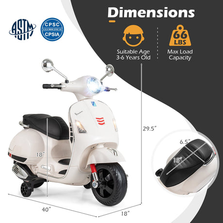 Moto eléctrica de 12 V para niños VESPA con licencia, música y ruedas de entrenamiento