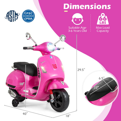 Moto eléctrica de 12 V para niños VESPA con licencia, música y ruedas de entrenamiento