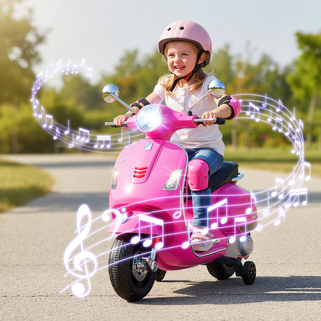 Moto eléctrica de 12 V para niños VESPA con licencia, música y ruedas de entrenamiento