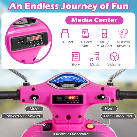 Moto eléctrica de 12 V para niños VESPA con licencia, música y ruedas de entrenamiento