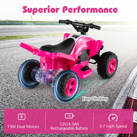 ATV de 12 V para niños de cuatro ruedas con luces LED y velocidad máxima de 11,2 km/h