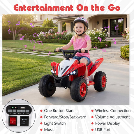 ATV de 12 V para niños de cuatro ruedas con luces LED y velocidad máxima de 11,2 km/h