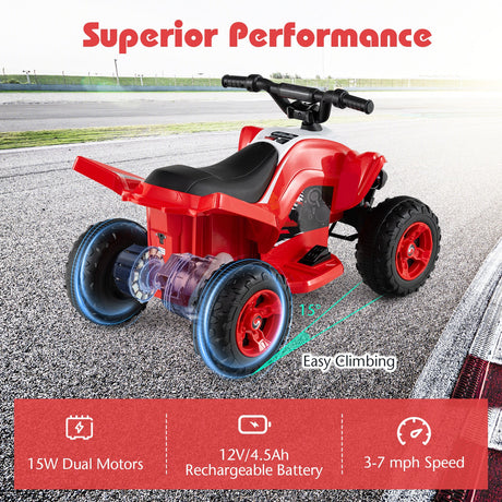 ATV de 12 V para niños de cuatro ruedas con luces LED y velocidad máxima de 11,2 km/h