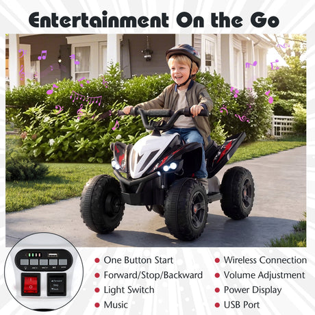 ATV de 12 V para niños de cuatro ruedas con luces LED y velocidad máxima de 11,2 km/h