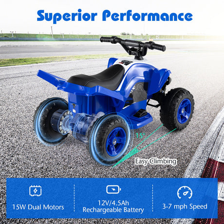 ATV de 12 V para niños de cuatro ruedas con luces LED y velocidad máxima de 11,2 km/h