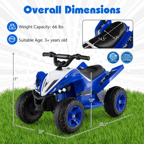 ATV de 12 V para niños de cuatro ruedas con luces LED y velocidad máxima de 11,2 km/h