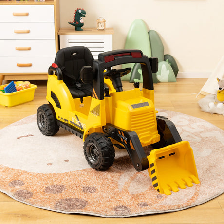 Tractor de construcción montable de 12 V para niños con pala eléctrica ajustable - Amarillo