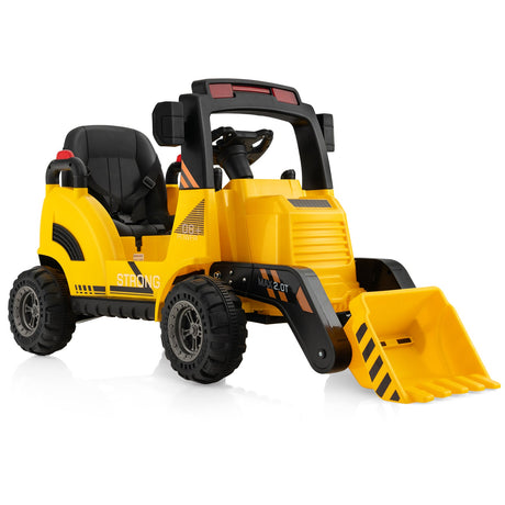Tractor de construcción montable de 12 V para niños con pala eléctrica ajustable - Amarillo