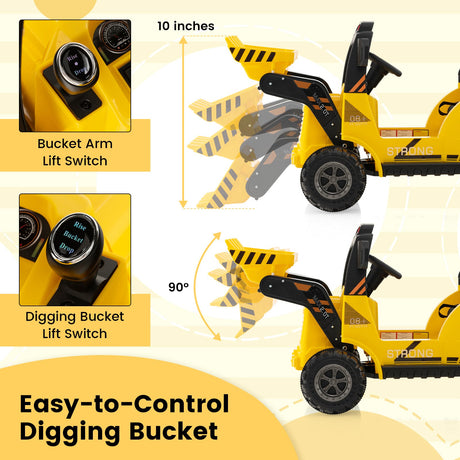 Tractor de construcción montable de 12 V para niños con pala eléctrica ajustable - Amarillo