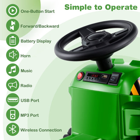 Tractor montable para niños 2 en 1 de 12 V con remolque y cambio de 3 marchas