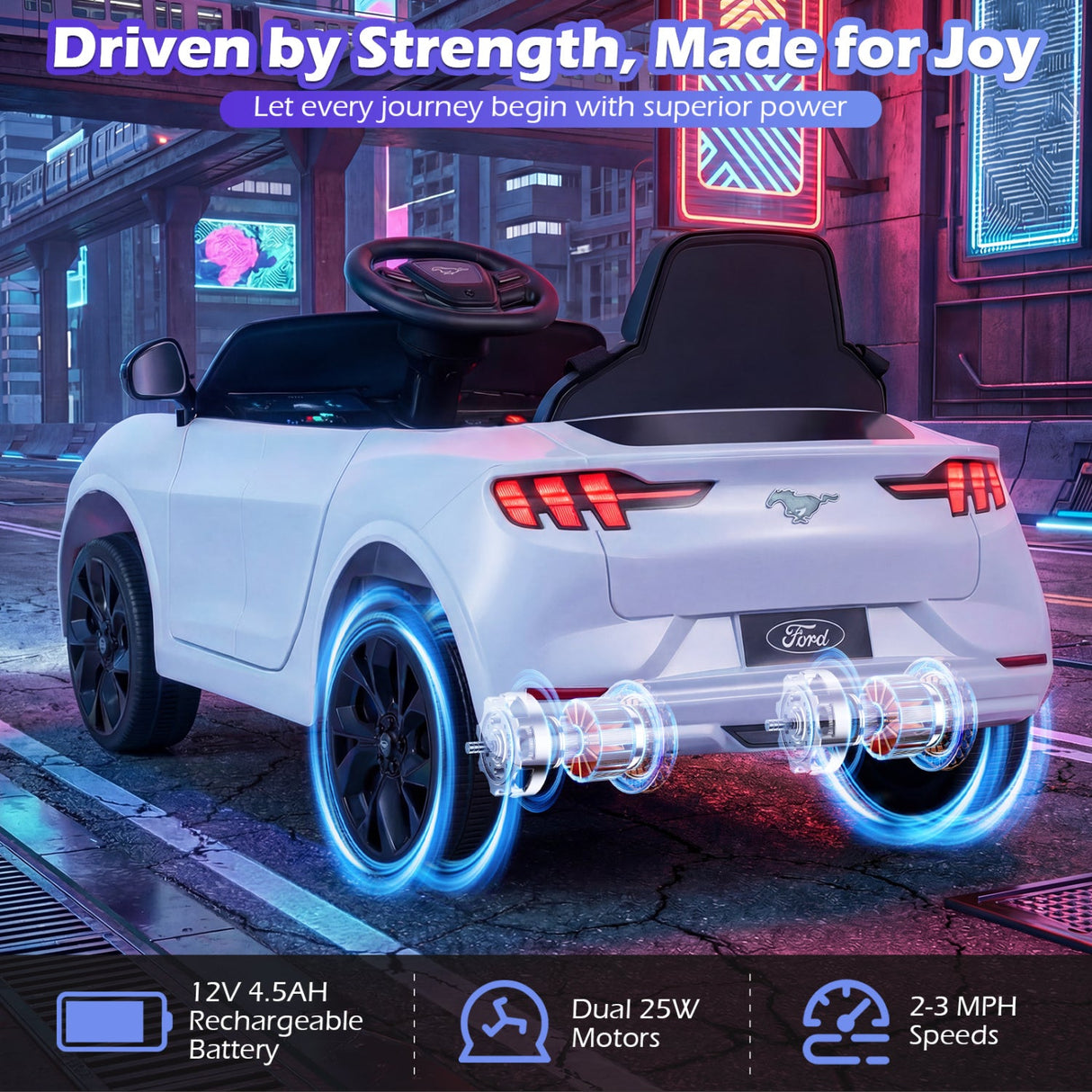 Coche eléctrico infantil 12V Ford Mach E con licencia, control parental y bocina