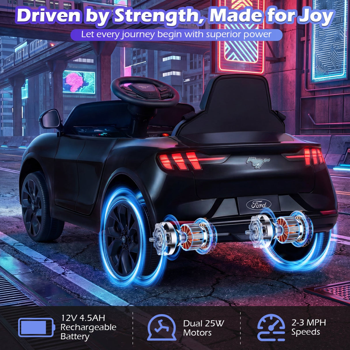 Coche eléctrico infantil 12V Ford Mach E con licencia, control parental y bocina