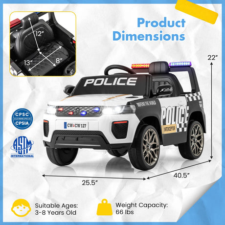 Coche de policía eléctrico de 12 V para niños con control remoto y luces intermitentes de sirena