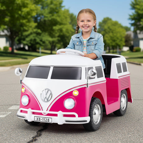 Coche Eléctrico 12V con Licencia Volkswagen Bus con Portavasos y Faros LED para Mayores de 3 Años