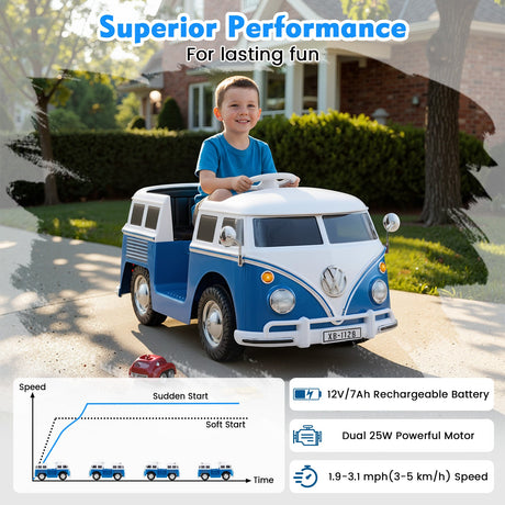 Coche Eléctrico 12V con Licencia Volkswagen Bus con Portavasos y Faros LED para Mayores de 3 Años