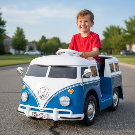 Coche Eléctrico 12V con Licencia Volkswagen Bus con Portavasos y Faros LED para Mayores de 3 Años