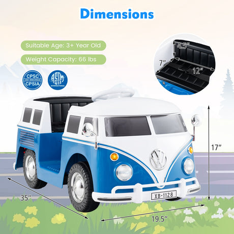 Coche Eléctrico 12V con Licencia Volkswagen Bus con Portavasos y Faros LED para Mayores de 3 Años