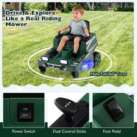 Cortacésped de 12 V para niños con joysticks de doble control y luces LED