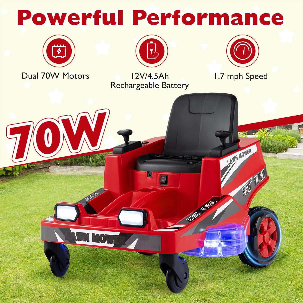 Cortacésped de 12 V para niños con joysticks de doble control y luces LED