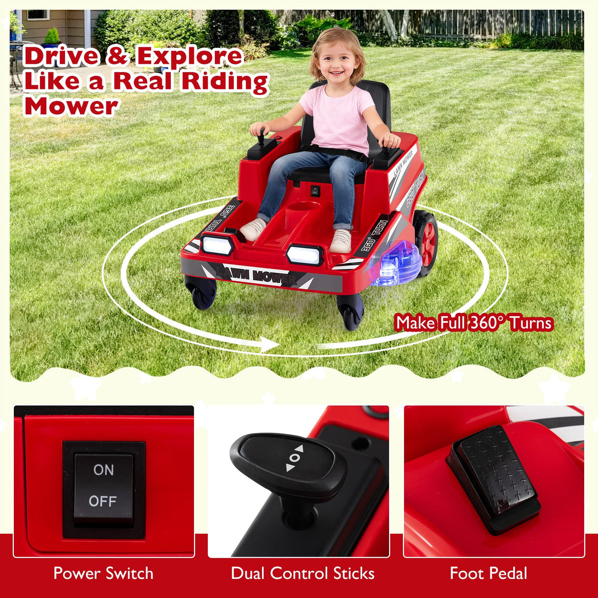 Cortacésped de 12 V para niños con joysticks de doble control y luces LED