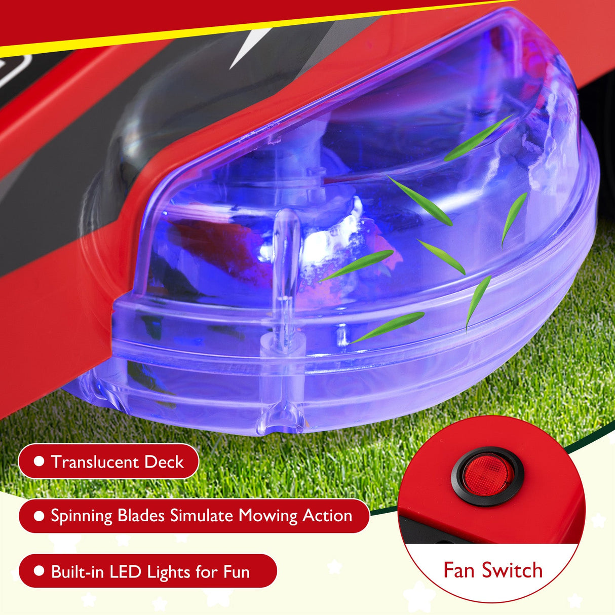 Cortacésped de 12 V para niños con joysticks de doble control y luces LED