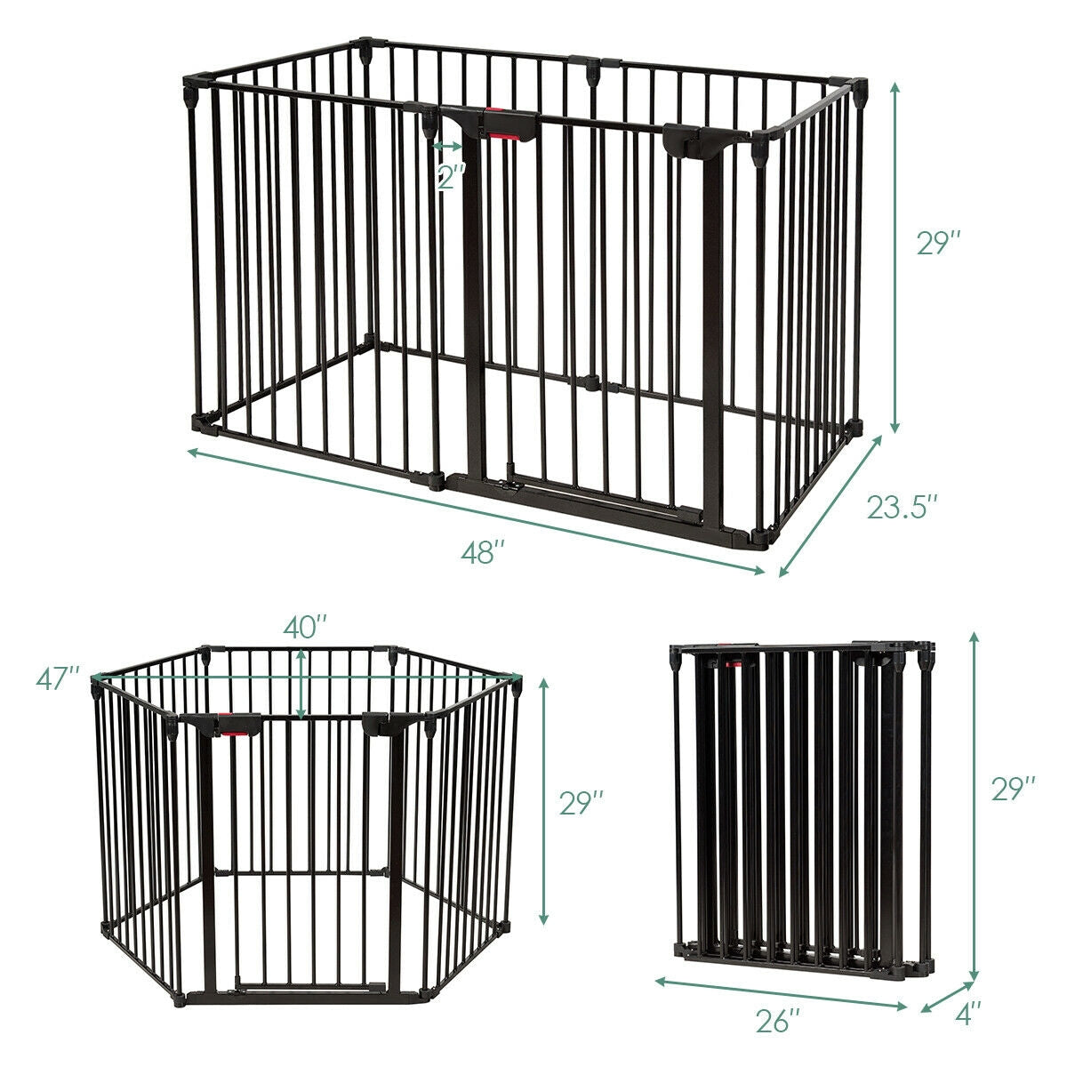 Valla de metal de 6 paneles ajustable para bebés, de montaje en pared - Negra
