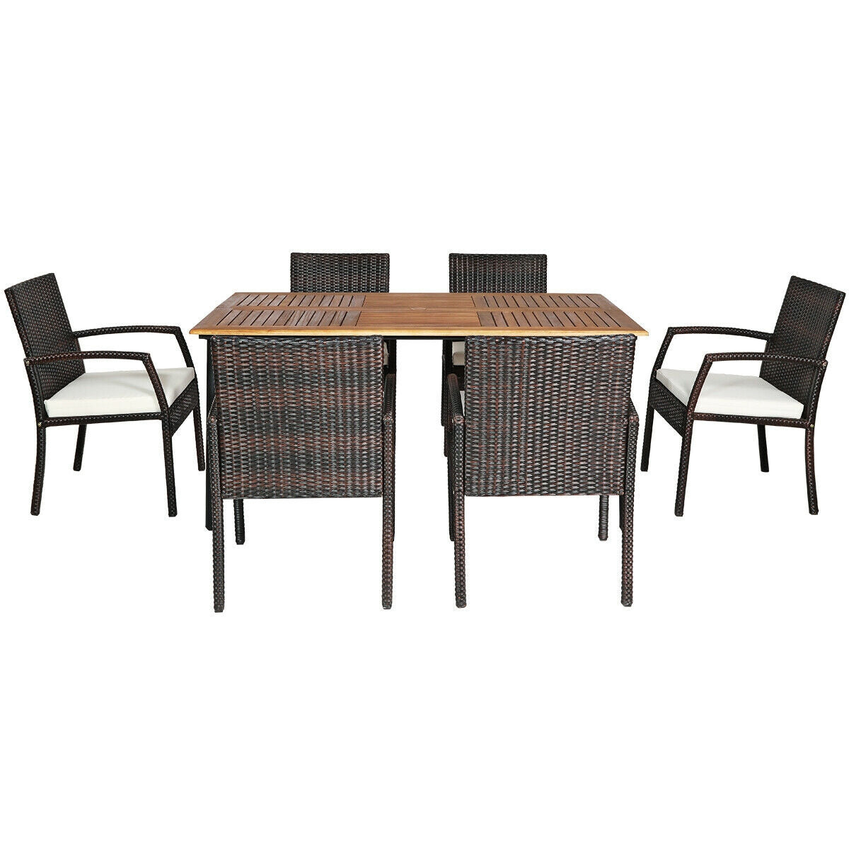 Juego de comedor de ratán acolchado de 7 piezas para patio con agujero para sombrilla