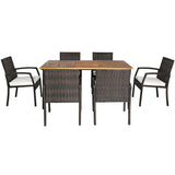 Juego de comedor de ratán acolchado de 7 piezas para patio con agujero para sombrilla
