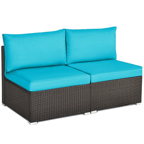 Juego de sofá de ratán para patio de 2 piezas sin reposabrazos con 2 cojines y 2 almohadas