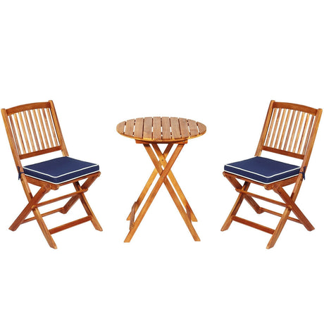 Juego de bistró plegable de 3 piezas para patio con cojín acolchado y mesa de centro redonda - Azul marino