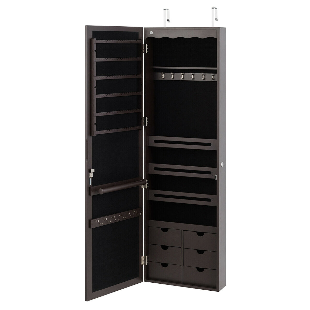 Gabinete para joyas tipo armario con espejo y cerradura de 5 LED y 6 cajones - Marrón