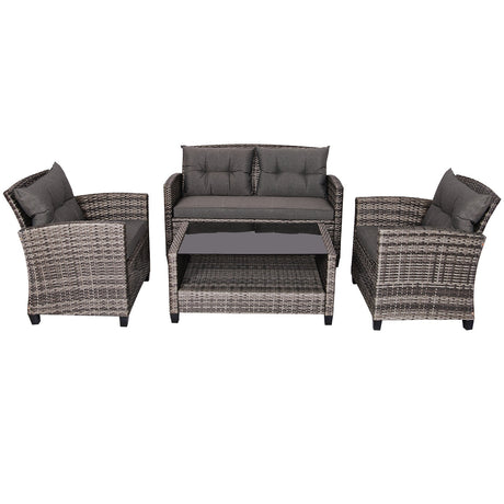 Juego de muebles de patio de ratán de 4 piezas con mesa de centro y sofá acolchado - Gris