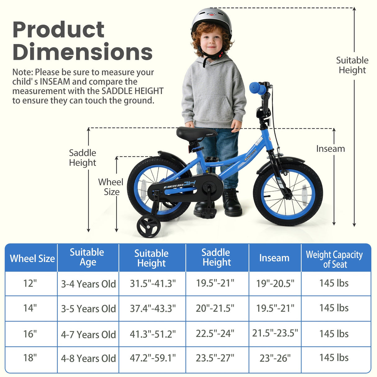 Bicicleta infantil de 12/14/16/18 pulgadas con ruedas de entrenamiento extraíbles y asiento ajustable para niños de 3 a 8 años, azul marino