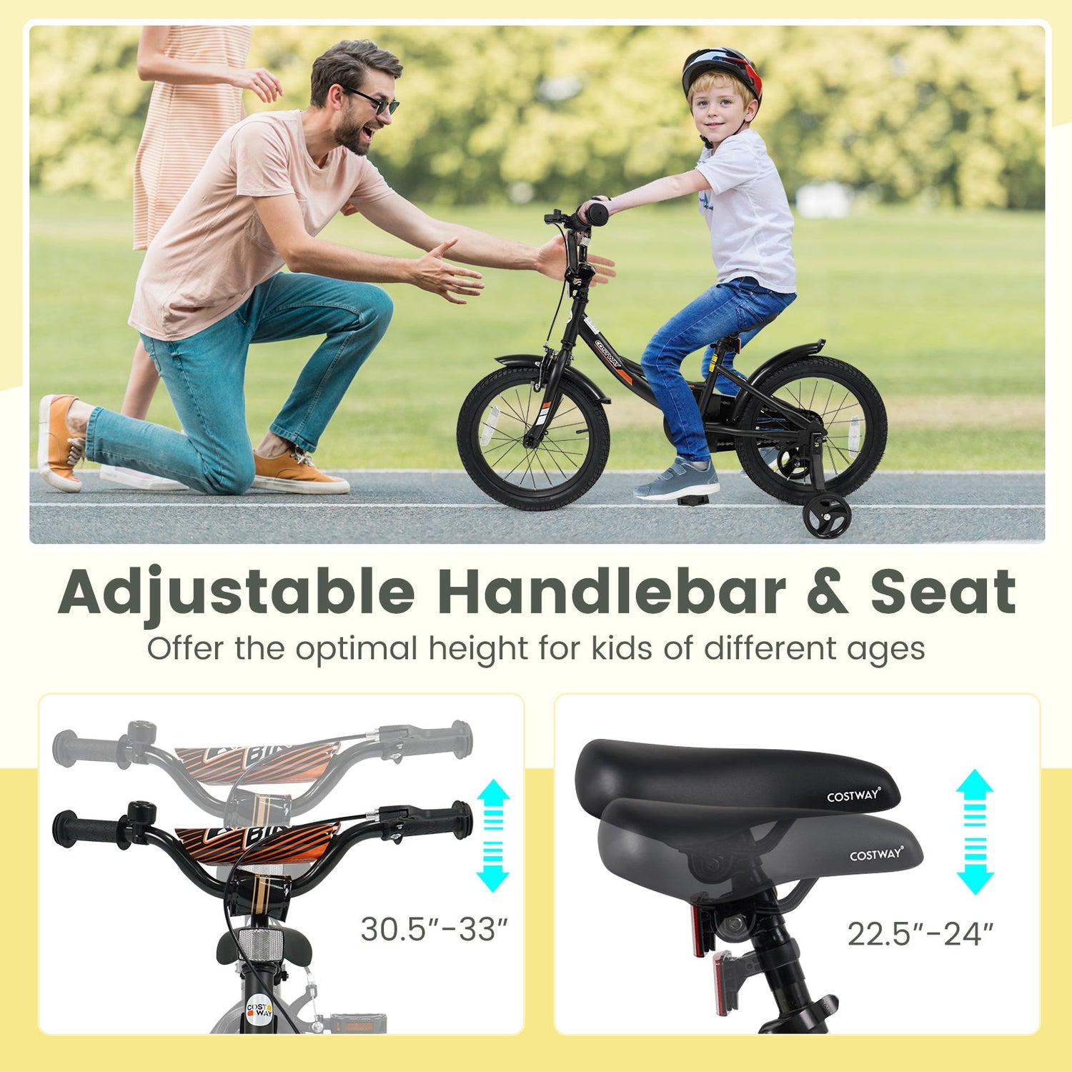 Bicicleta infantil de 12/14/16/18 pulgadas con ruedas de entrenamiento extraíbles y asiento ajustable para niños de 3 a 8 años, color negro