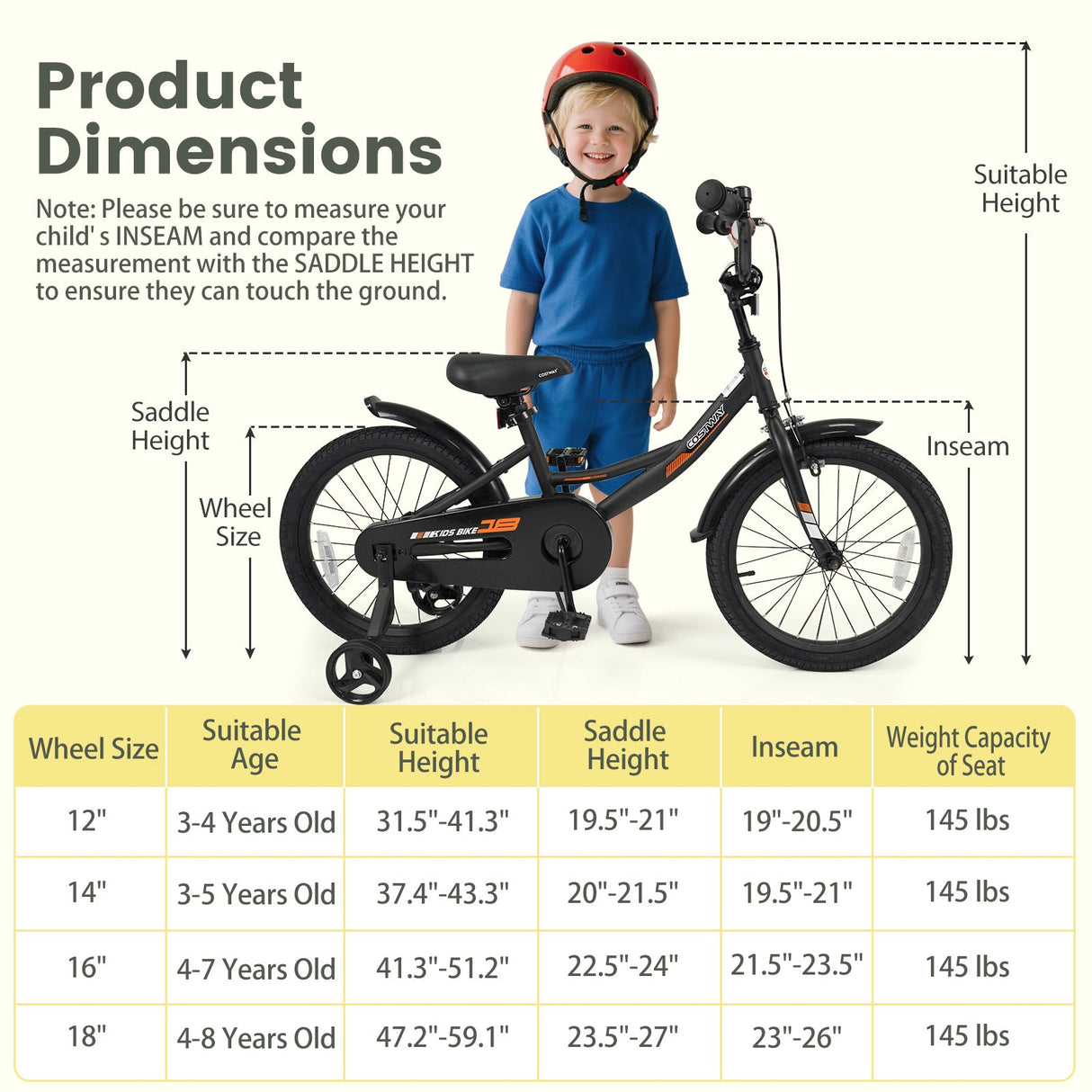 Bicicleta infantil de 12/14/16/18 pulgadas con ruedas de entrenamiento extraíbles y asiento ajustable para niños de 3 a 8 años, color negro