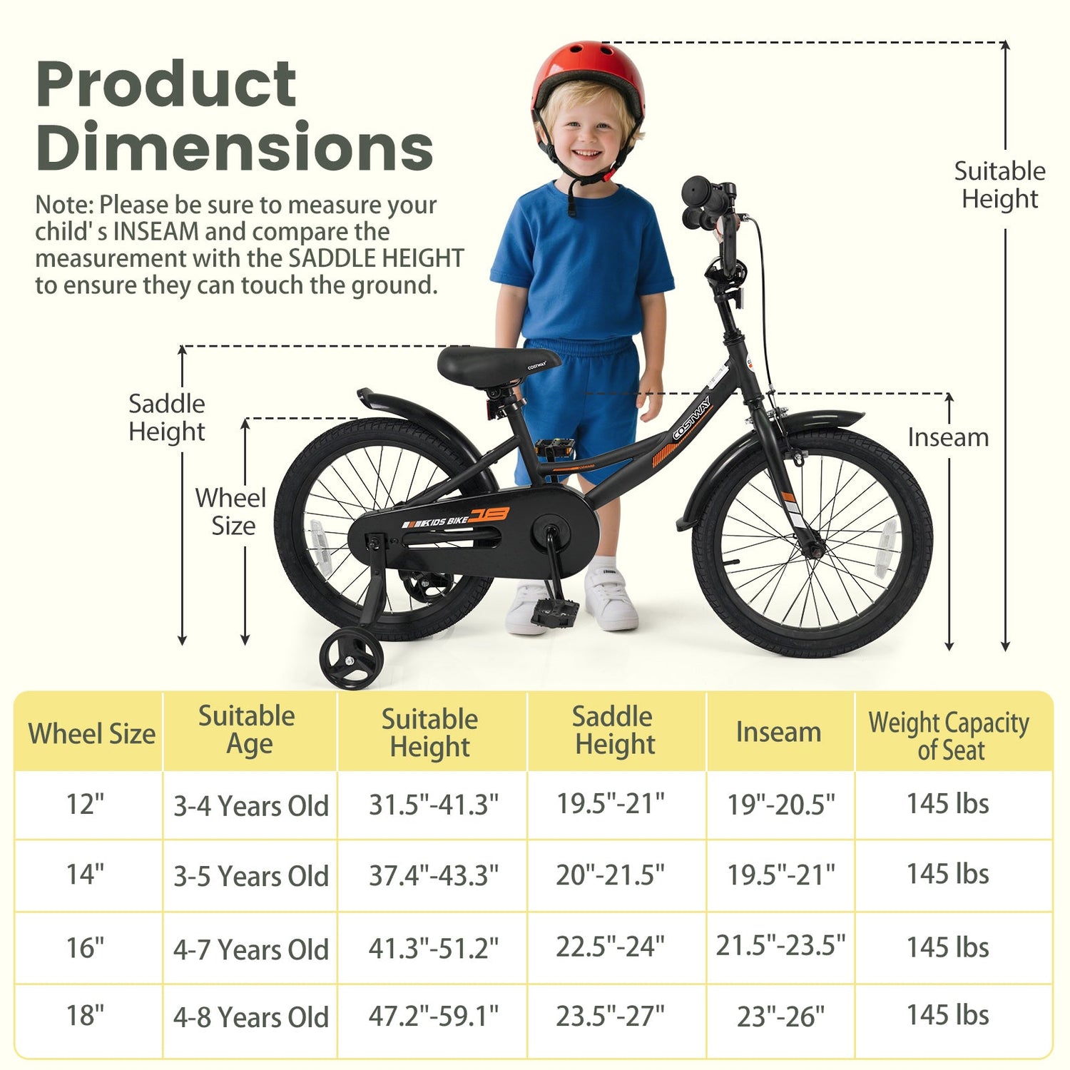 Bicicleta infantil de 12/14/16/18 pulgadas con ruedas de entrenamiento extraíbles y asiento ajustable para niños de 3 a 8 años, color negro